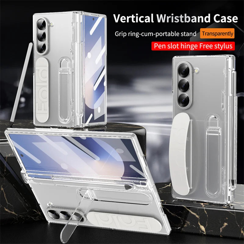 Hinge Wristband Holder Case for Samsung Galaxy Z Fold 7 6 5 4 3 5G With S Pen Slot Screen Glass Protective Cover For Z Fold 6