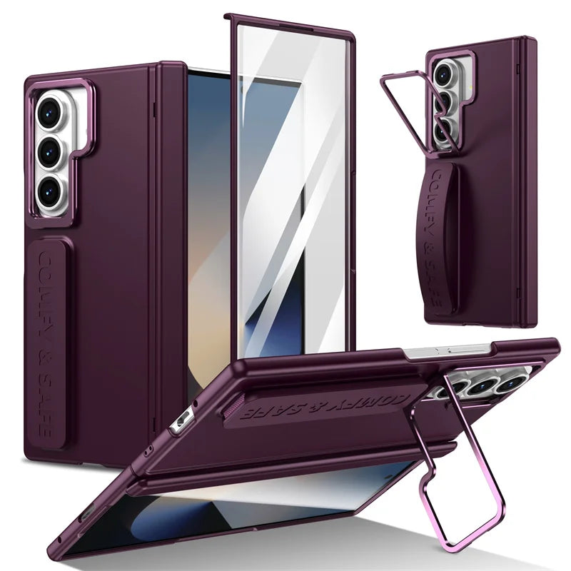For Samsung Galaxy Z Fold 7 6 5 4 3 Wristband Magnetic Hinge Phone Case 360 Full Protection Screen Flass Alloy Lens Holder Cover