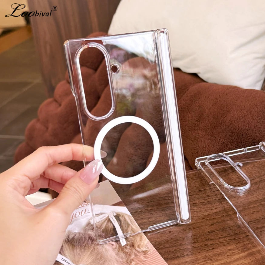 for Magsafe Transparent Hard Acrylic Case for Samsung Galaxy Z Fold 7 6 5 4 zfold Fold7 Magnetic Clear Shockproof Slim Cover