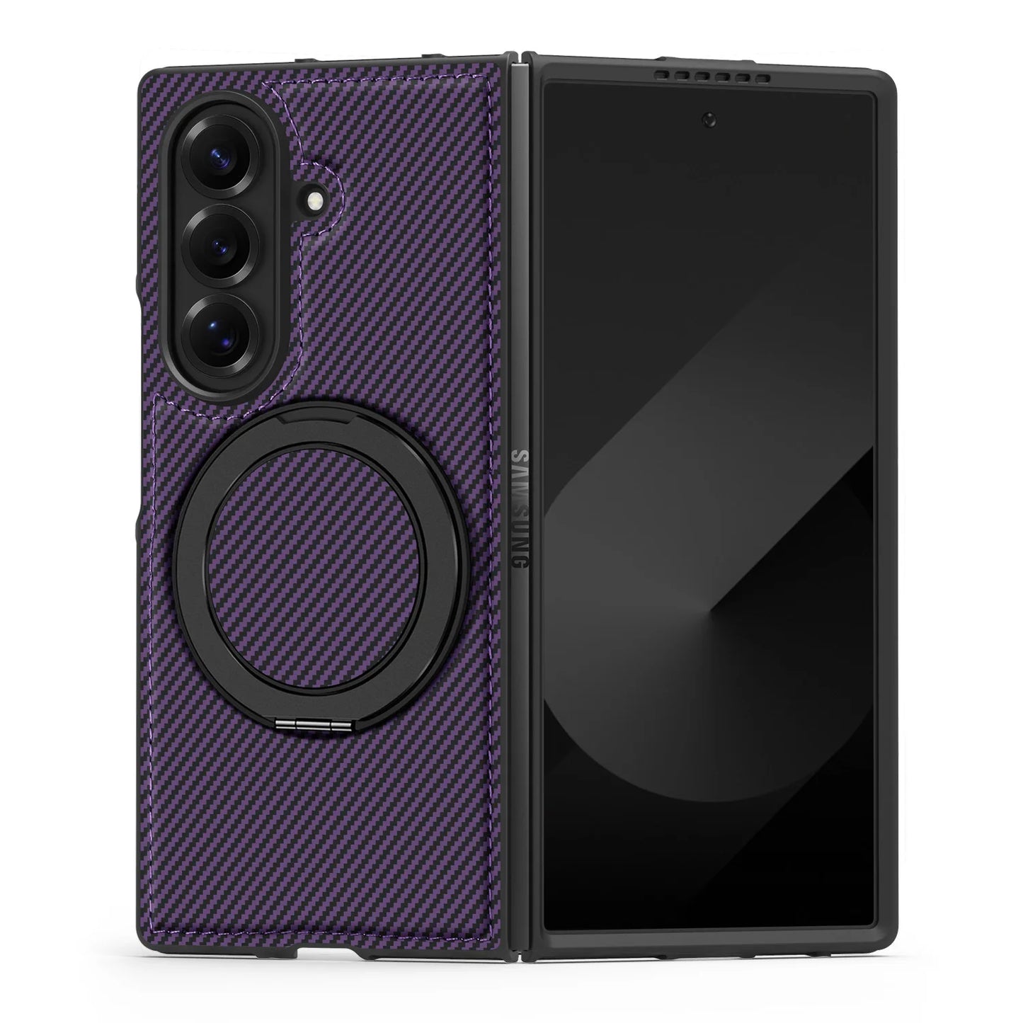 Auto Leather Phone Case for Samsung Galaxy Z Fold 7 Fold6 5 4 3 Magnetic Rotating Alloy Bracket Ring Carbon Fiber Pattern Cover