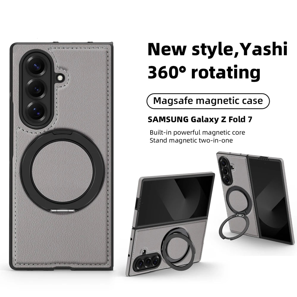 Ring Stand Magsafe Leather Case For Samsung Galaxy Z Fold 7 6 5 4 3 Z Fold7 Phone Case Magnetic Phone Cover Wireless Charging