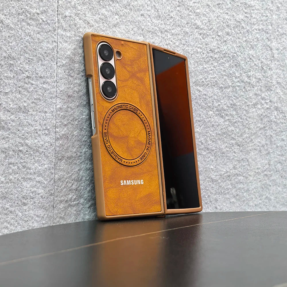 Magnetic Sheepskin Leather Case For Samsung Galaxy Z Fold 3 4 5 6 7 For Magsafe Wireless Charging Hard PC Protective Cover