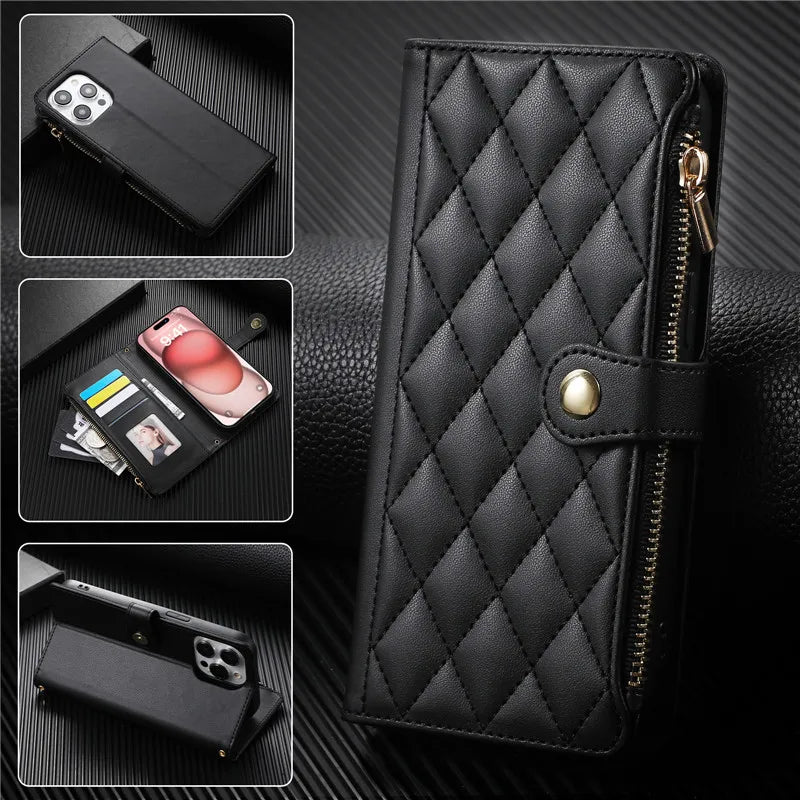 Crossbody Lanyard Leather Zip Wallet Card Slot Phone Case for Samsung Galaxy Z Fold 7 6 5 4 3 Wrist Strap Flip Stand Cover Etui