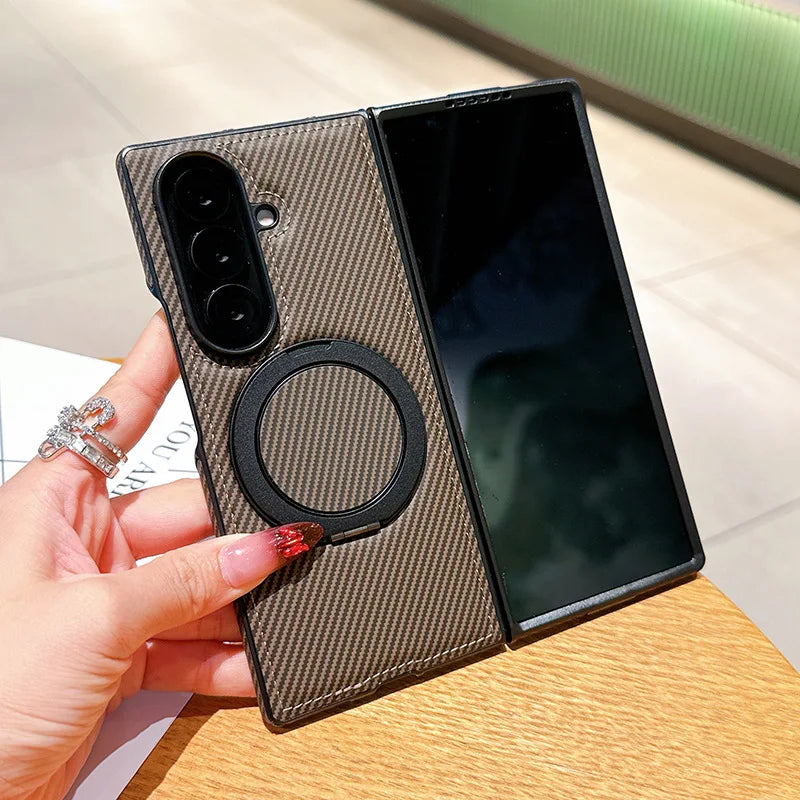 Auto Leather Phone Case for Samsung Galaxy Z Fold 7 Fold6 5 4 3 Magnetic Rotating Alloy Bracket Ring Carbon Fiber Pattern Cover