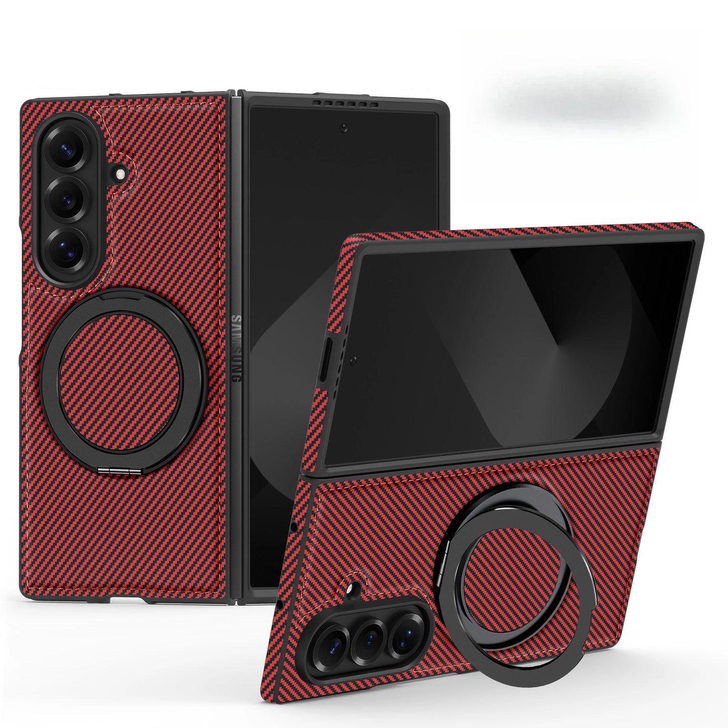 Auto Leather Phone Case for Samsung Galaxy Z Fold 7 Fold6 5 4 3 Magnetic Rotating Alloy Bracket Ring Carbon Fiber Pattern Cover