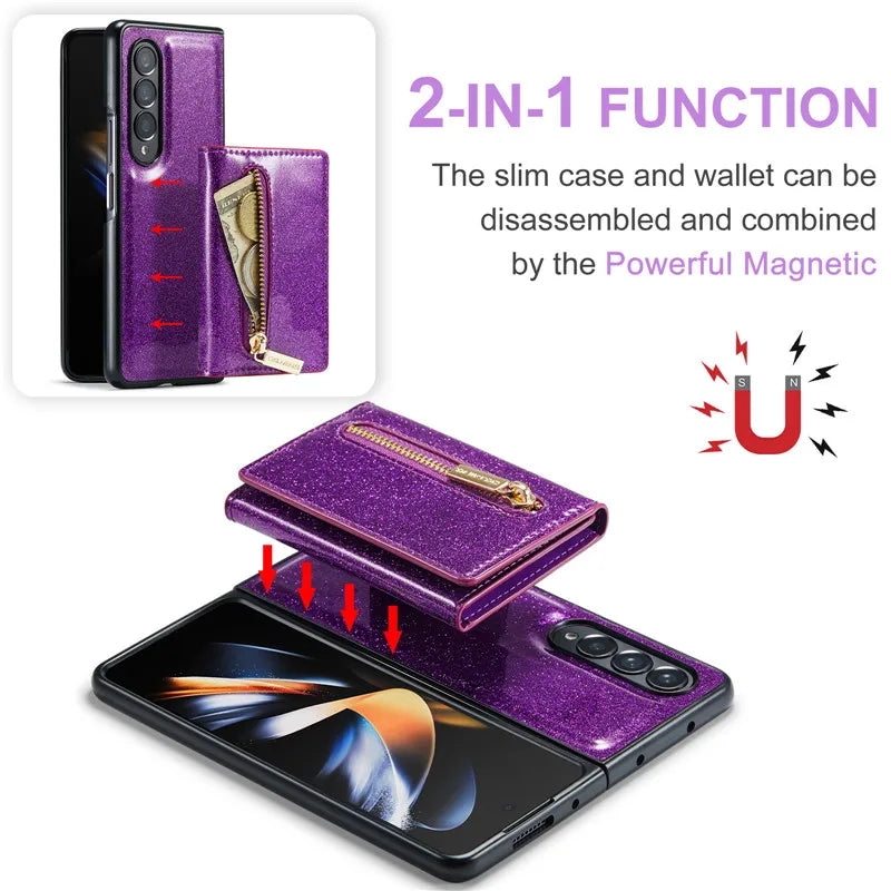 Glitter Magnetic Leather Zip Wallet Phone Case For Samsung Galaxy Z Fold 5 4 3