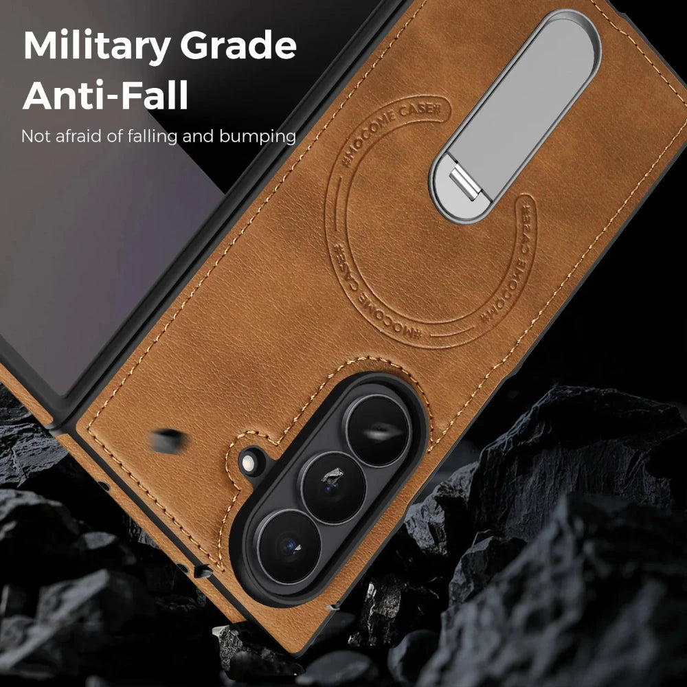 Fold 7 Strong Magnetic Phone Case for Samsung Galaxy Z Fold 7 6 5 4 3 Wireless Charging Metal Rotating Bracket Pu Leather Cover