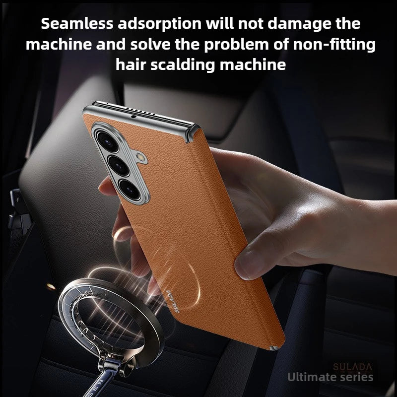 First Layer Cowhide Leather Phone Case for Samsung Galaxy Z Fold 7 Fold7 Metal Lens Protection Magnetic Attraction Hard Cover