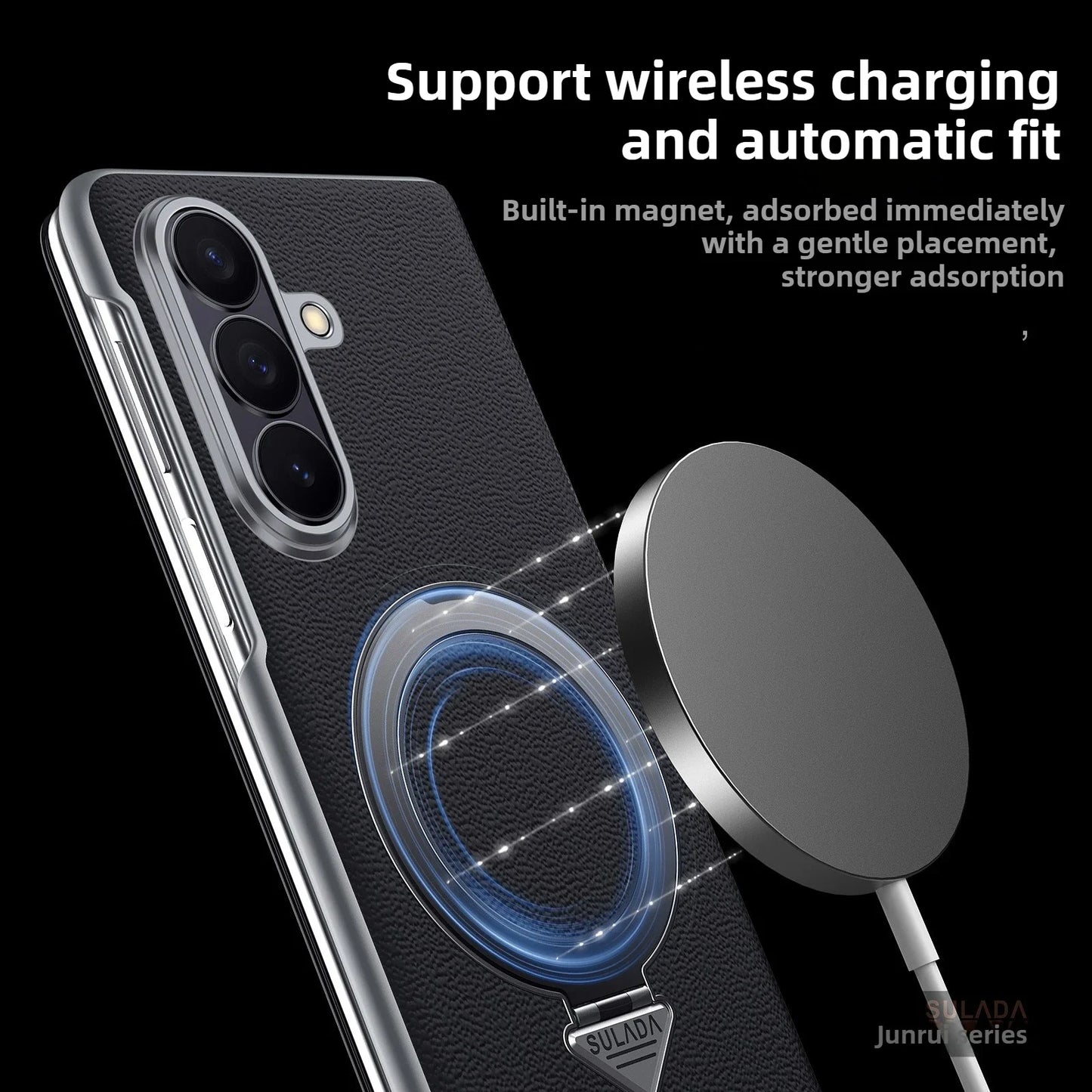 Genuine Cowhide Leather Phone Case for Samsung Galaxy Z Fold 7 Fold7 Wireless Charging Magnetic Attraction Bracket Flip Cover