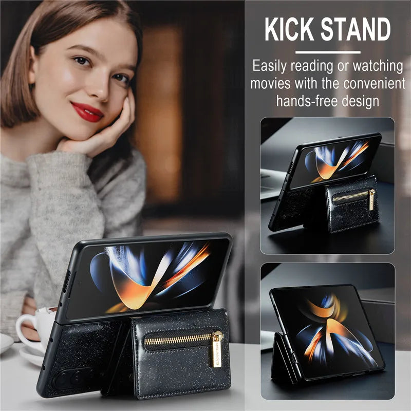 Glitter Magnetic Leather Zip Wallet Phone Case For Samsung Galaxy Z Fold 5 4 3