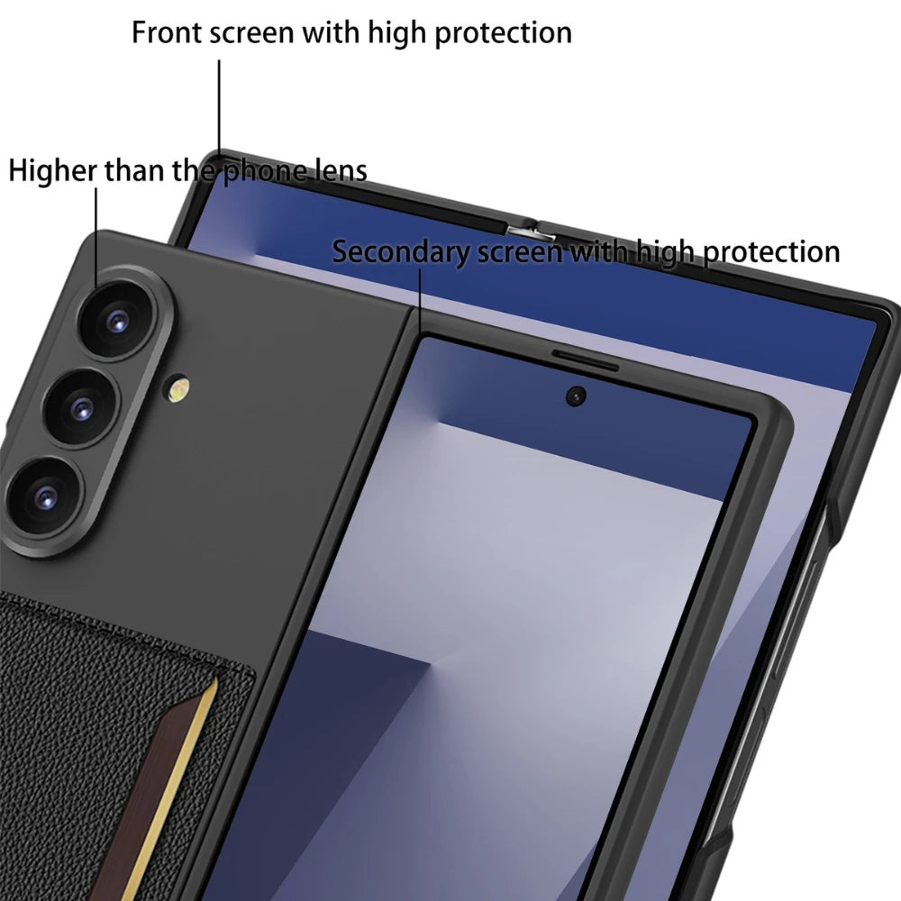 Fold7 Lichee Pattern Pu Leather Phone Case for Samsung Galaxy Z Fold 7 6 5 Card Slot Camera Protection Slim Anti Fall Hard Cover