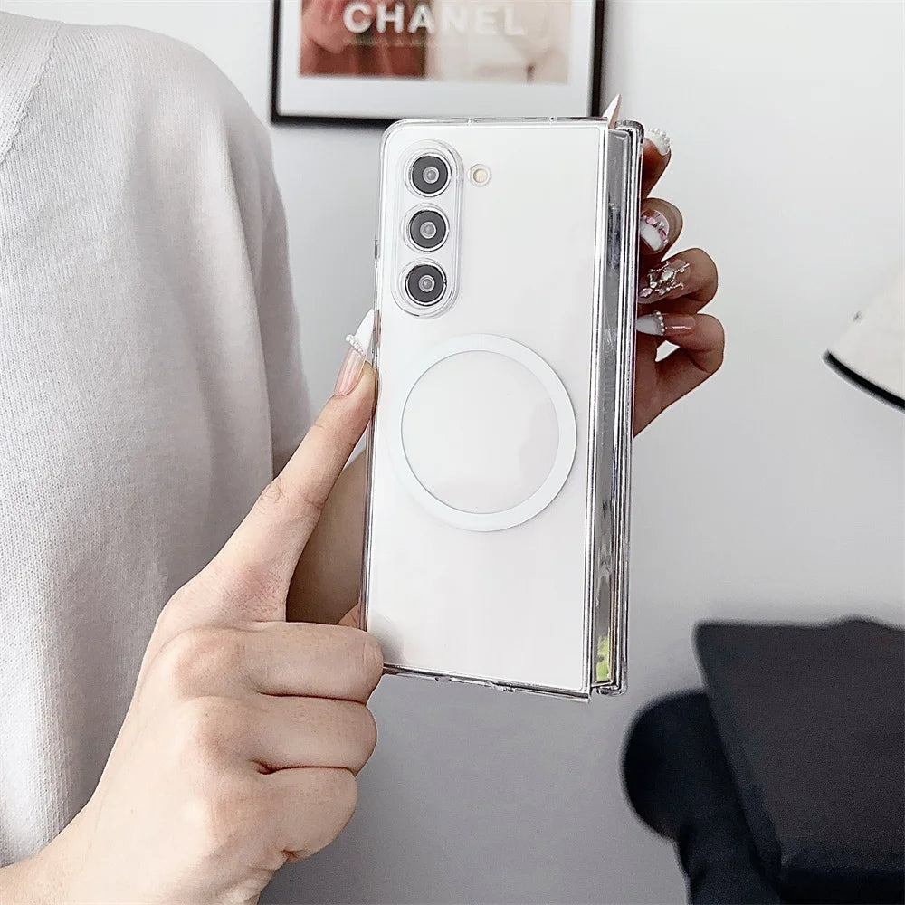 Transparent for Magsafe Magnetic Case for Samsung Galaxy Z Fold 6 5 4 3 7 Wireless Charging Clear Hard Acrylic Shockproof Cover