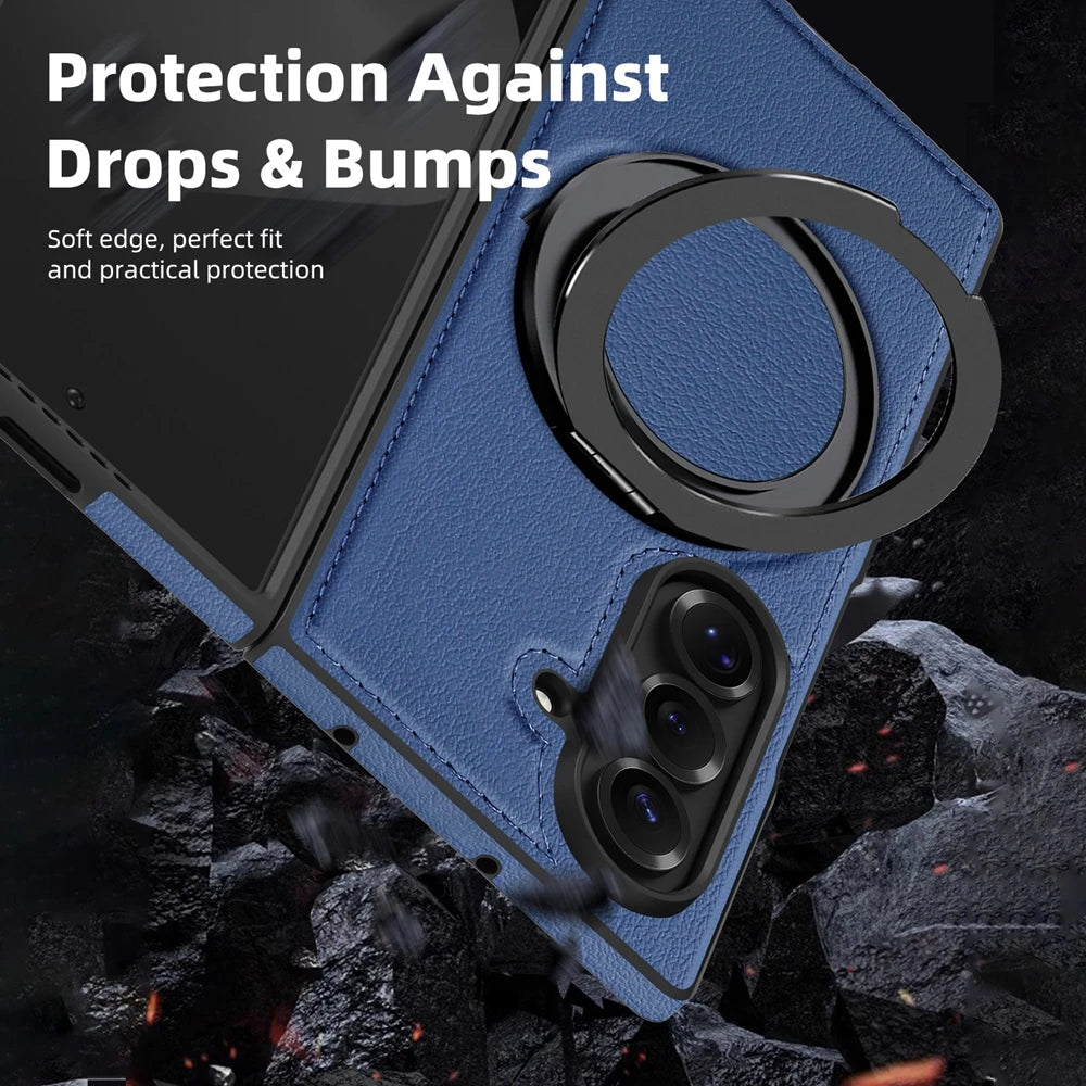 Ring Stand Magsafe Leather Case For Samsung Galaxy Z Fold 7 6 5 4 3 Z Fold7 Phone Case Magnetic Phone Cover Wireless Charging