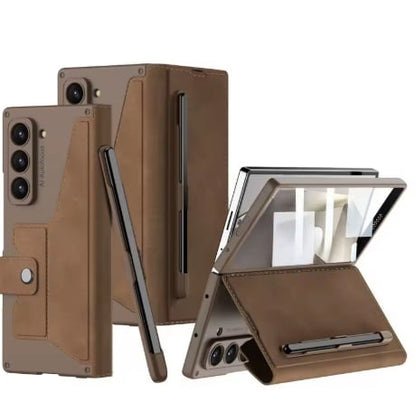 Card Holder PU Leather Case for Z Fold 7 / 6 – Screen Film, Pen Slot, Magnetic Buckle