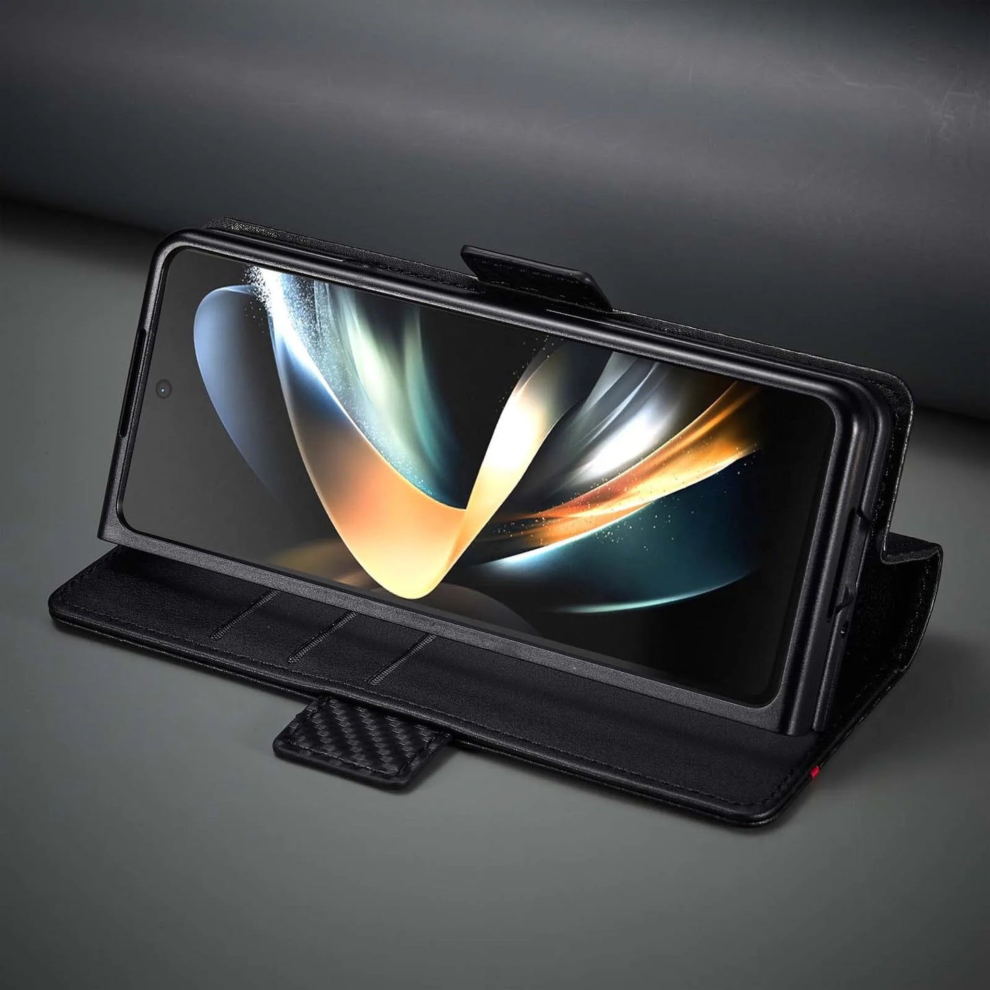 ZFold 7 Carbon Fiber Texture Phone Case for Samsung Galaxy Z Fold 7 6 5 4 3 W23 W22 5G Buckle Pu Leather Card Slot Holder Wallet