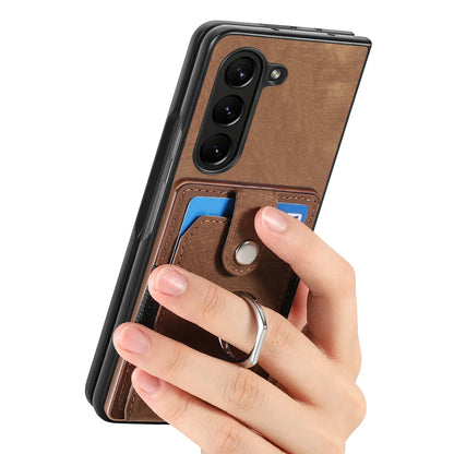 Z Fold 7 Retro Pu Leather Phone Case for Samsung Galaxy Z Fold 6 5 4 3 Magnetic Hardware Ring&buckle Card Slot Bag Bracket Cover