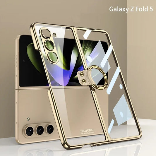 Luxury Plating HD Transparent Case for Samsung Galaxy Z Fold 6 5 5G Case with Ring Metal Ring Clear Shockproof Shell Case