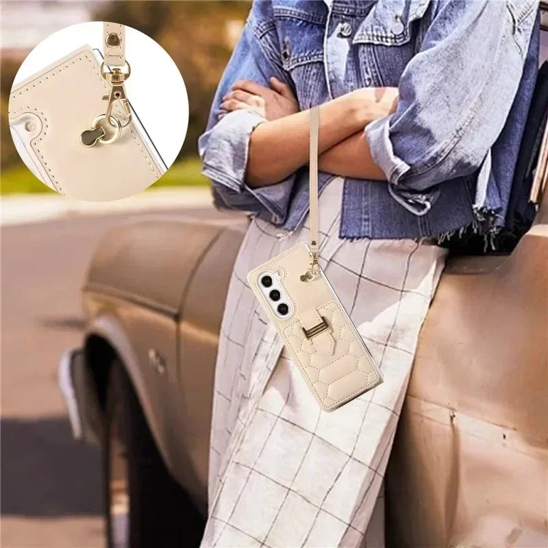 Crossbody Lanyard Leather Phone Case for Samsung Galaxy Z Fold 6 5 4 3 Fold6 Fold5 Fold4 Fold3 Wrist Rope Wallet Card Cover Etui