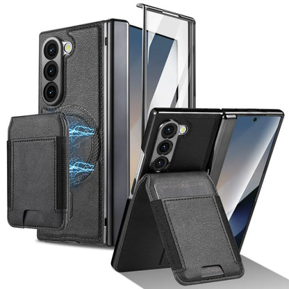 Stable Support Leather Magnetic Wallet Case for Samsung Galaxy Z Fold 7 ZFold 6 5 4 3 Tempered Glass with Hinge Protection Cover