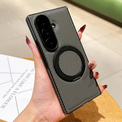 Auto Leather Phone Case for Samsung Galaxy Z Fold 7 Fold6 5 4 3 Magnetic Rotating Alloy Bracket Ring Carbon Fiber Pattern Cover