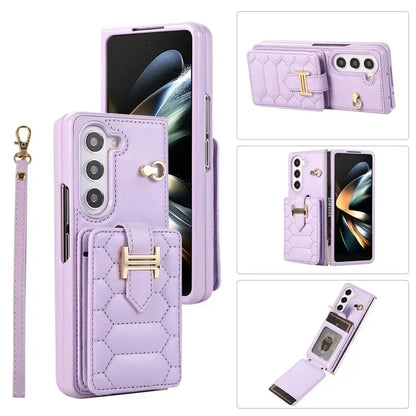 Crossbody Lanyard Leather Phone Case for Samsung Galaxy Z Fold 6 5 4 3 Fold6 Fold5 Fold4 Fold3 Wrist Rope Wallet Card Cover Etui