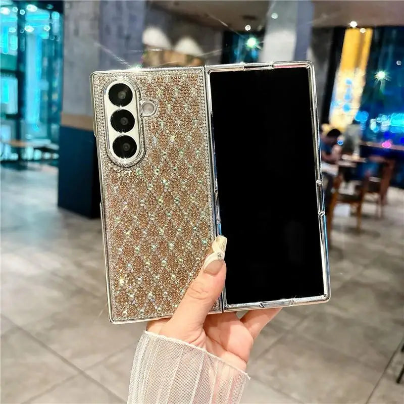 Glitter Bling Plaid Diamond Phone Case For Samsung Galaxy Z Fold 7 Fold6 ZFold 5 4 Luxury Rhinestone High-end Plating Hard Cover