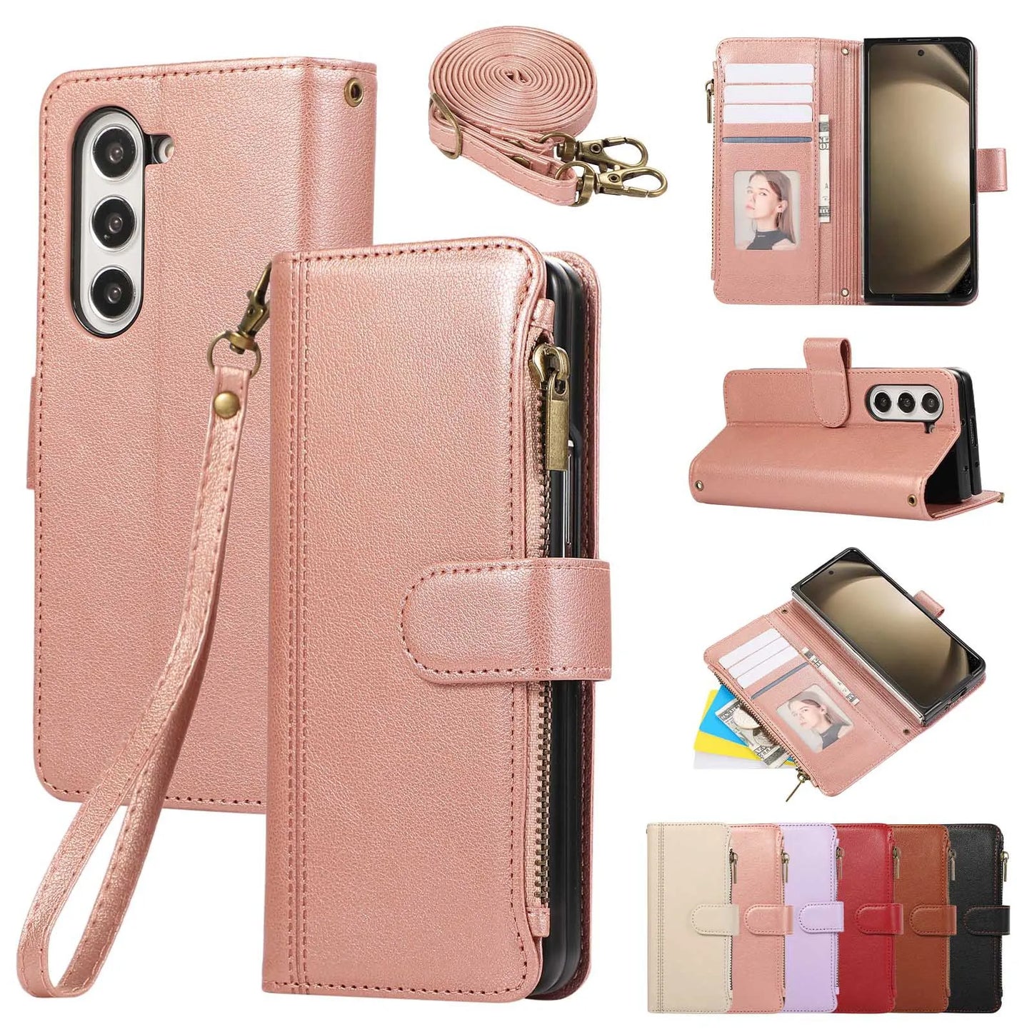 Lanyard+long Strap Crossbody Phone Case for Samsung Galaxy Z Fold 7 Fold6 5 4 3 Zipper&buckle Leather Card Holder Wallet Cover