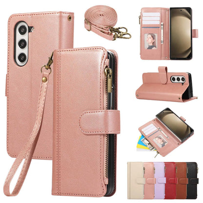 Lanyard+long Strap Crossbody Phone Case for Samsung Galaxy Z Fold 7 Fold6 5 4 3 Zipper&buckle Leather Card Holder Wallet Cover