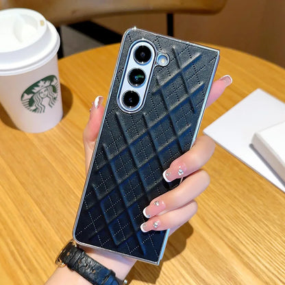 Phone Case for Samsung Galaxy Z Fold 7 6 5 4 Z Electroplated Diamond Grid Pattern PU Leather Luxury Hard Cover