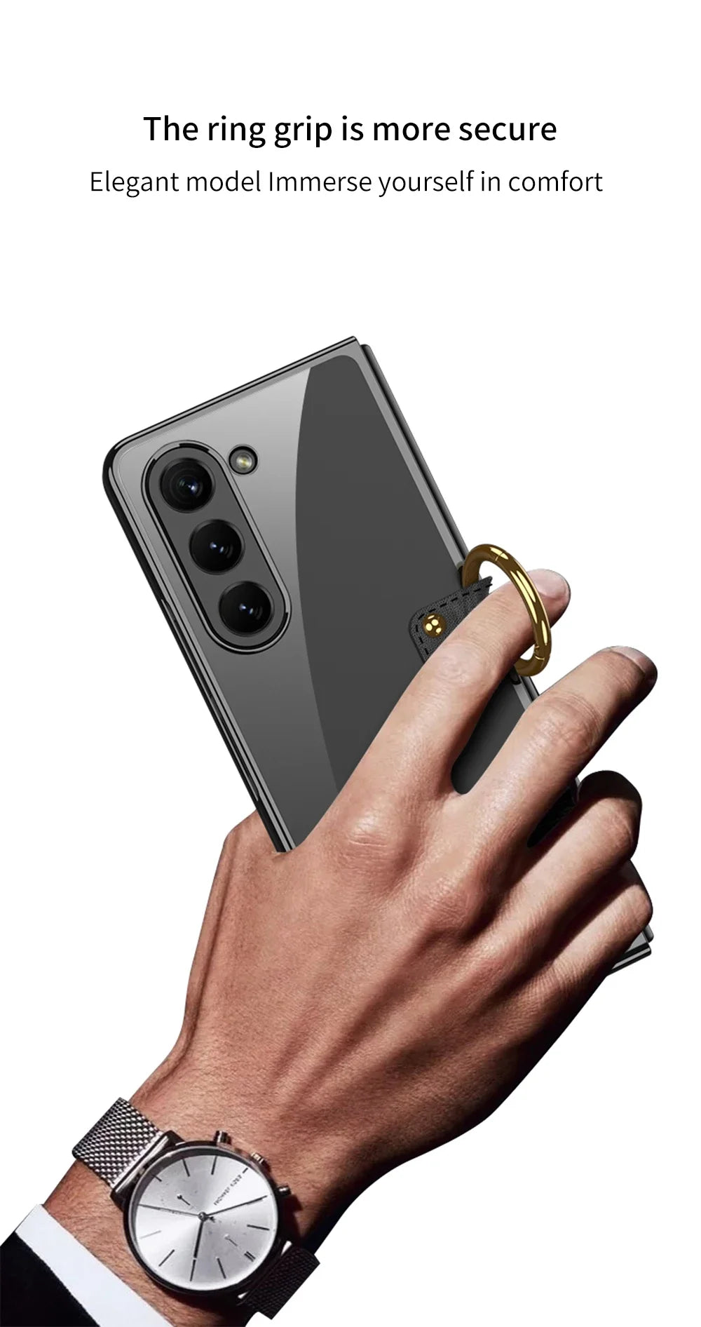 Luxury Plating HD Transparent Case for Samsung Galaxy Z Fold 6 5 5G Case with Ring Metal Ring Clear Shockproof Shell Case