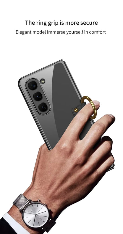 Luxury Plating HD Transparent Case for Samsung Galaxy Z Fold 6 5 5G Case with Ring Metal Ring Clear Shockproof Shell Case
