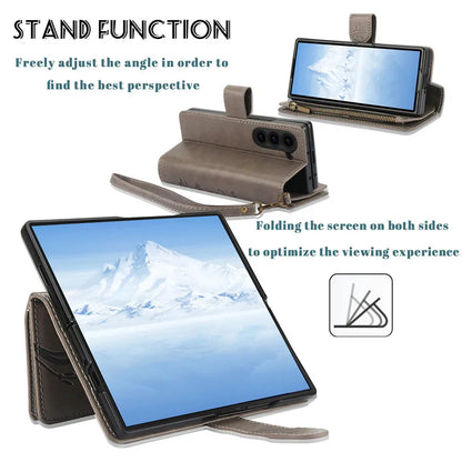 Lanyard Leather Zipper Wallet Multi Card Phone Case for Samsung Galaxy Z Fold 7 6 5 4 3 Fold6 Fold5 Fold4 Fold3 Flip Stand Cover