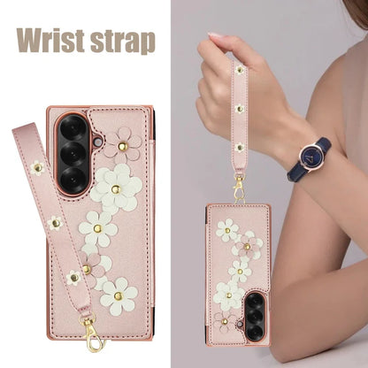 Long Lanyard Leather Wallet Card Slot Phone Case for Samsung Galaxy Z Fold 7 6 5 4 Wrist Strap Flip Purse Holder Cover Back Bag