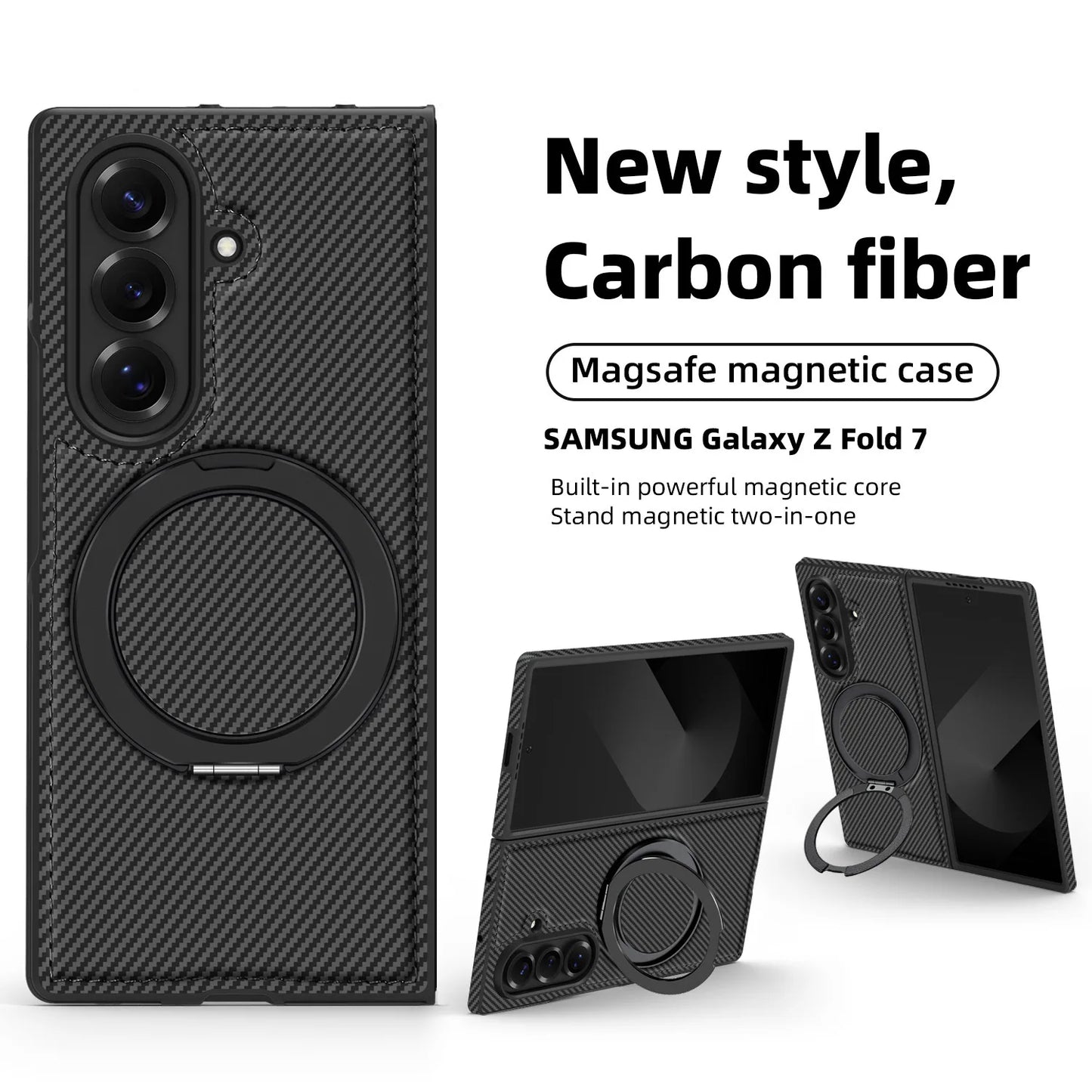 Auto Leather Phone Case for Samsung Galaxy Z Fold 7 Fold6 5 4 3 Magnetic Rotating Alloy Bracket Ring Carbon Fiber Pattern Cover