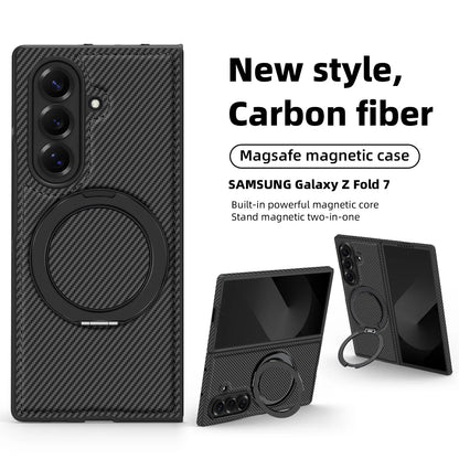 Auto Leather Phone Case for Samsung Galaxy Z Fold 7 Fold6 5 4 3 Magnetic Rotating Alloy Bracket Ring Carbon Fiber Pattern Cover