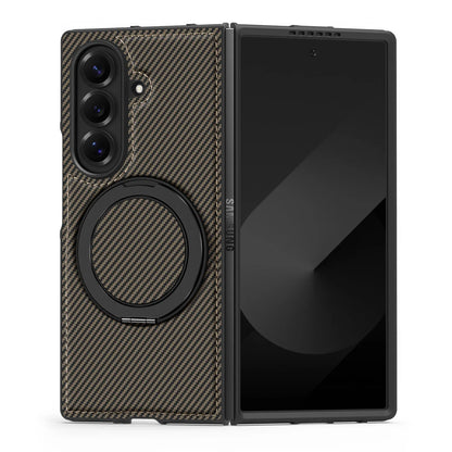 Auto Leather Phone Case for Samsung Galaxy Z Fold 7 Fold6 5 4 3 Magnetic Rotating Alloy Bracket Ring Carbon Fiber Pattern Cover