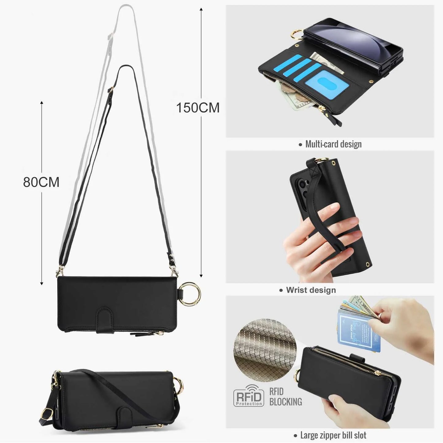 ZFold 7 Pu Leather Crossbody Phone Case for Samsung Galaxy Z Fold 7 6 5 4 3 Ring&Wrist Strap&Long Rope&Zipper Card Wallet Cover
