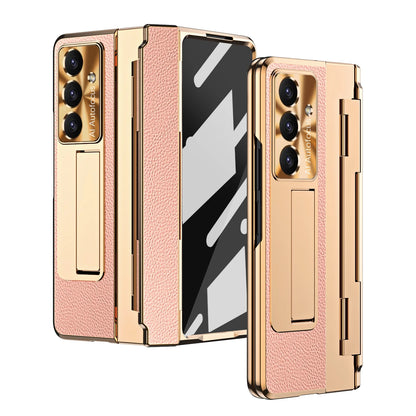 For Samsung Galaxy Z Fold 7 6 5 4 5G With Screen Protect Glass Film Luxury Leather One-Piece Plating Stand Hinge Shockproof Case