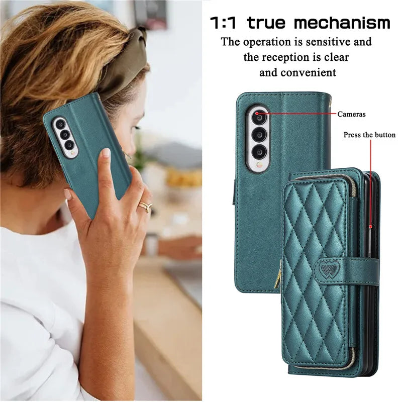 Crossbody Lanyard Zip Leather Wallet Card Phone Case for Samsung Galaxy Z Fold 7 6 5 4 3 Luxury Wrist Rope Flip Stand Cover Bag