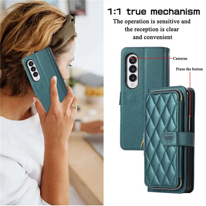 Crossbody Lanyard Zip Leather Wallet Card Phone Case for Samsung Galaxy Z Fold 7 6 5 4 3 Luxury Wrist Rope Flip Stand Cover Bag