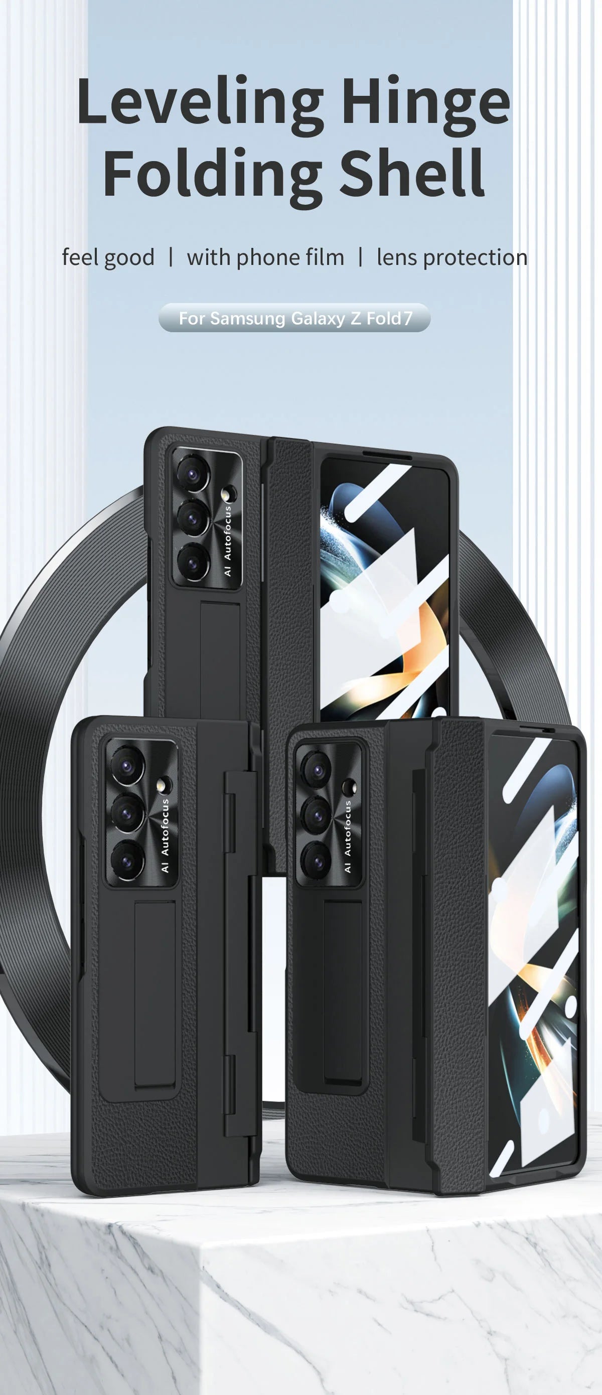 For Samsung Galaxy Z Fold 7 6 5 4 5G With Screen Protect Glass Film Luxury Leather One-Piece Plating Stand Hinge Shockproof Case