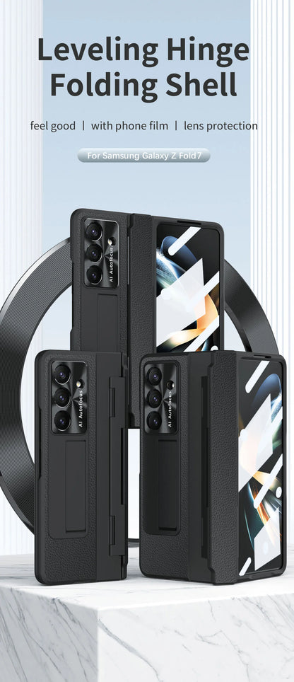 For Samsung Galaxy Z Fold 7 6 5 4 5G With Screen Protect Glass Film Luxury Leather One-Piece Plating Stand Hinge Shockproof Case