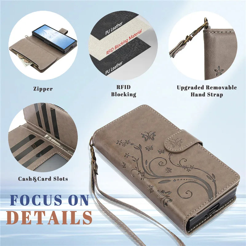 Lanyard Leather Zipper Wallet Multi Card Phone Case for Samsung Galaxy Z Fold 7 6 5 4 3 Fold6 Fold5 Fold4 Fold3 Flip Stand Cover