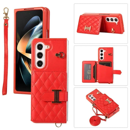 Crossbody Lanyard Leather Wallet Card Phone Case for Samsung Galaxy Z Fold 7 6 5 4 3 Fold6 Fold5 Fold4 Fold3 Wrist Rope Cover