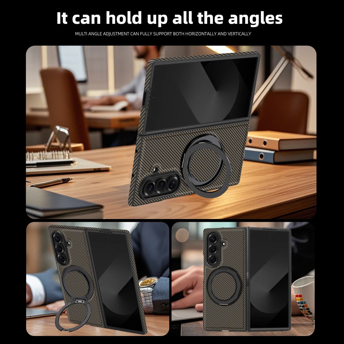 Auto Leather Phone Case for Samsung Galaxy Z Fold 7 Fold6 5 4 3 Magnetic Rotating Alloy Bracket Ring Carbon Fiber Pattern Cover