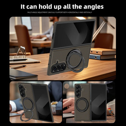 Auto Leather Phone Case for Samsung Galaxy Z Fold 7 Fold6 5 4 3 Magnetic Rotating Alloy Bracket Ring Carbon Fiber Pattern Cover