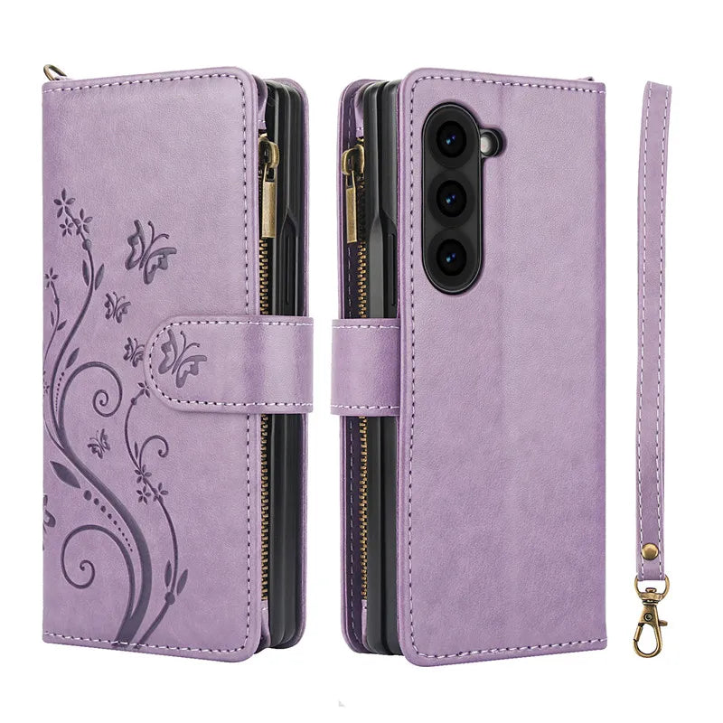 Lanyard Leather Zipper Wallet Multi Card Phone Case for Samsung Galaxy Z Fold 7 6 5 4 3 Fold6 Fold5 Fold4 Fold3 Flip Stand Cover