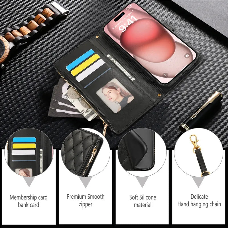 Crossbody Lanyard Leather Zip Wallet Card Slot Phone Case for Samsung Galaxy Z Fold 7 6 5 4 3 Wrist Strap Flip Stand Cover Etui