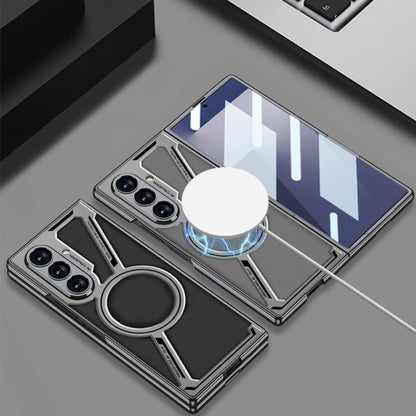 Electroplating Magnetic Wireless Charging Phone Case for Samsung Galaxy Z Fold 7 Zfold 6 Z Shaped Plain Leather Thin Hard Cover
