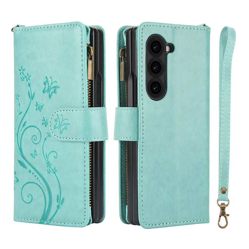 Lanyard Leather Zipper Wallet Multi Card Phone Case for Samsung Galaxy Z Fold 7 6 5 4 3 Fold6 Fold5 Fold4 Fold3 Flip Stand Cover